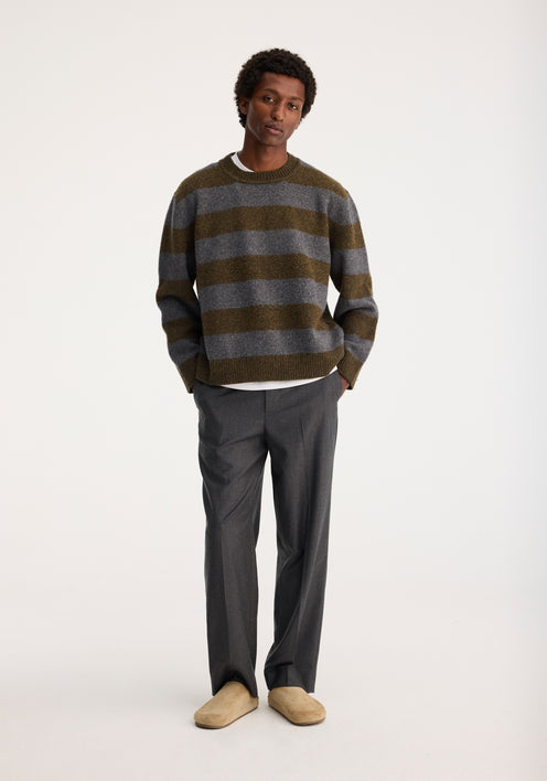 Oversized striped knitted crew neck | grey / green stripe