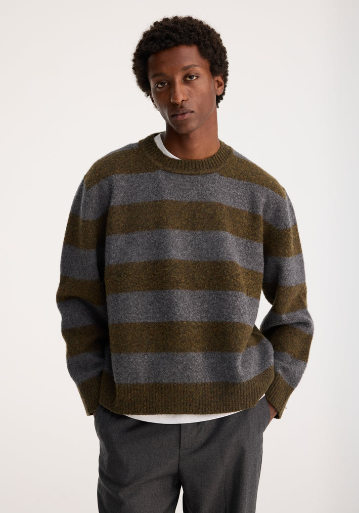 Oversized striped knitted crew neck | grey / green stripe