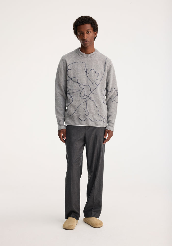 Tulip embroidered wool cashmere crew neck | mid grey multicolour