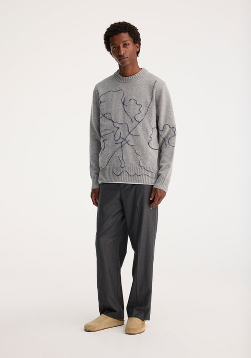 Tulip embroidered wool cashmere crew neck | mid grey multicolour