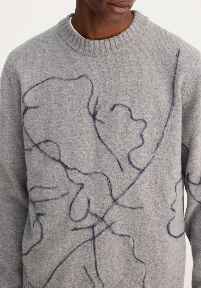 Tulip embroidered wool cashmere crew neck | mid grey multicolour