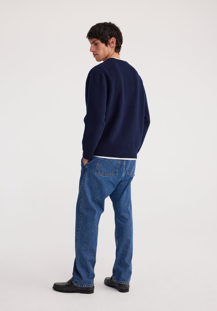Relaxed boiled wool knitted crew neck | marine blue
