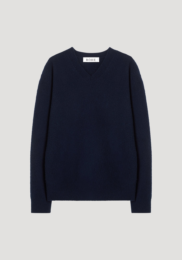 Relaxed boiled wool knitted crew neck | marine blue