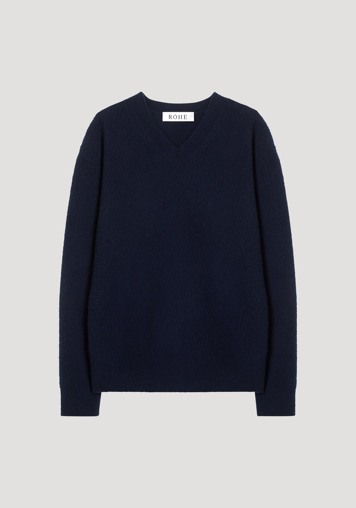 Relaxed boiled wool knitted V-neck | marine blue