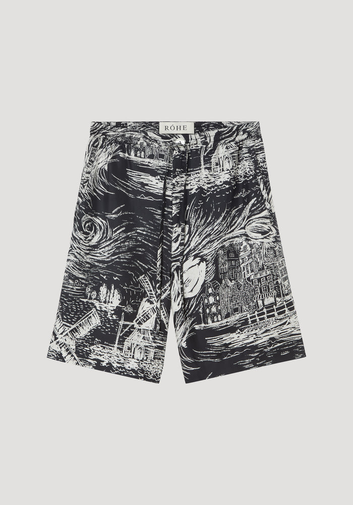 Drawcord silk shorts | black / creme Holland print