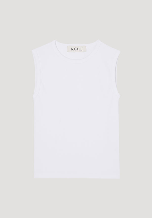 Dense rib tank top | optic white, featuring a sleeveless, crewneck design in ribbed organic cotton. Laid flat with RÓHE label visible inside collar.