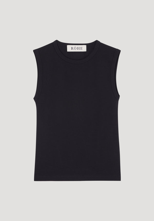 Dense rib tank top | black, featuring a rib-knit design, sleeveless cut, crew neckline, and straight hem. Crafted from organic cotton and elastane for comfort and versatility.