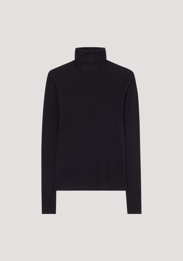 Fine merino turtleneck | black: A plain black long-sleeve turtleneck, laid flat, showcasing its fitted silhouette, crafted from 100% pure merino wool for versatile styling.