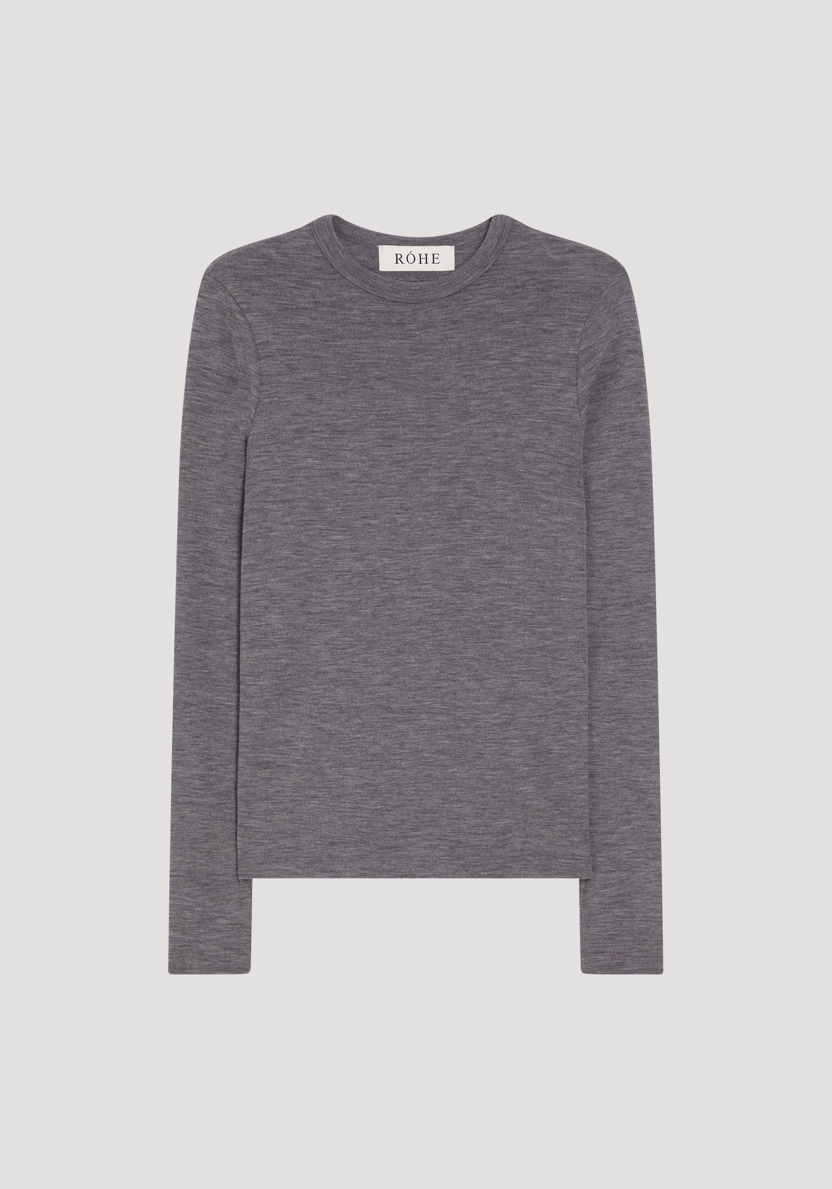 Fine merino long sleeve in mid grey melange, featuring a crew neck and fitted silhouette, crafted from 100% merino wool, laid flat, showcasing its minimalist design.