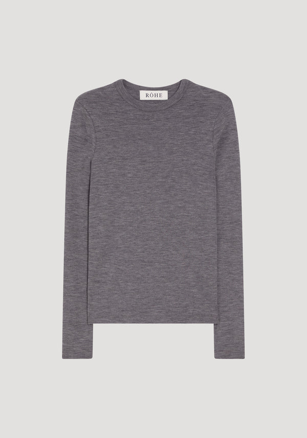Fine merino long sleeve in mid grey melange, featuring a crew neck and fitted silhouette, crafted from 100% merino wool, laid flat, showcasing its minimalist design.