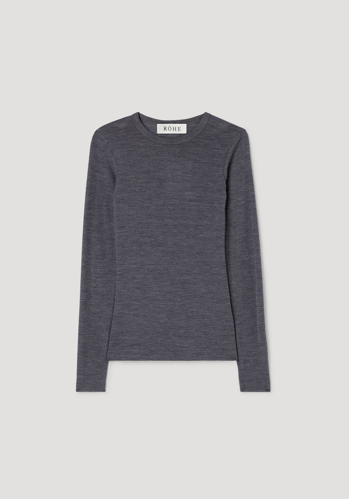 Fine merino long sleeve | mid grey melange, a soft and lightweight long-sleeve top in a subtle mid grey melange color with a classic round neckline and slim fit design.