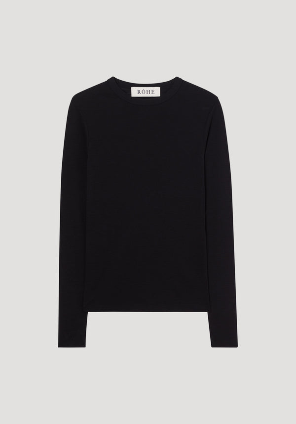Fine merino long sleeve | black: A plain black, long-sleeved crew-neck top made from 100% merino wool, featuring a fitted silhouette and RÓHE. label at the neckline.
