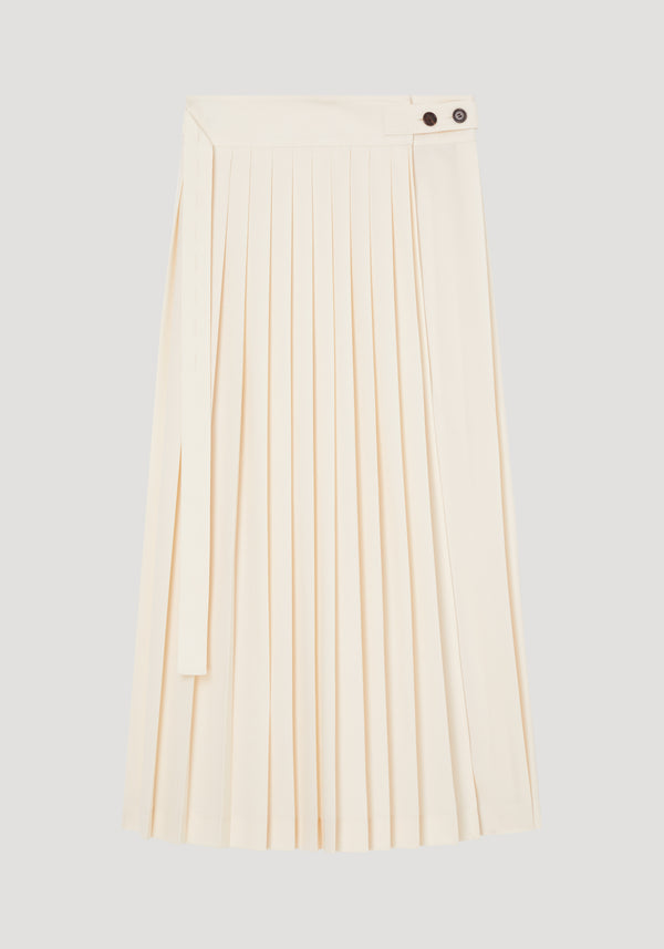 Plissé wrap skirt in cream, featuring a knee-to-midi length, pleated design with wrap-style waistband, dark button closure, and belt detail in a wool blend.