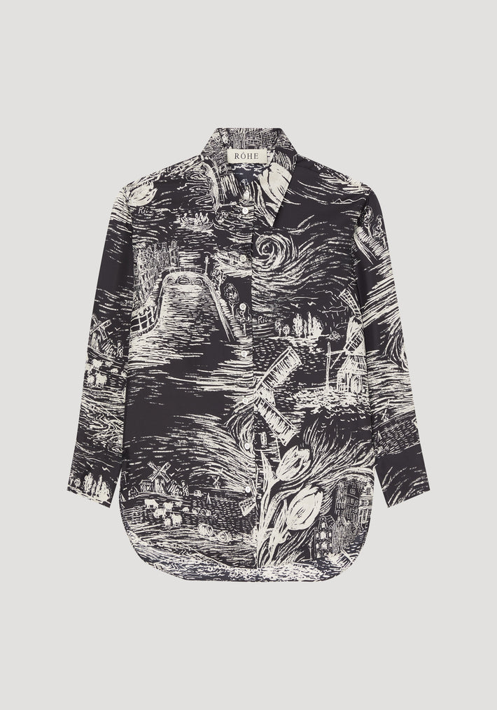 Relaxed silk shirt | black / creme Holland print