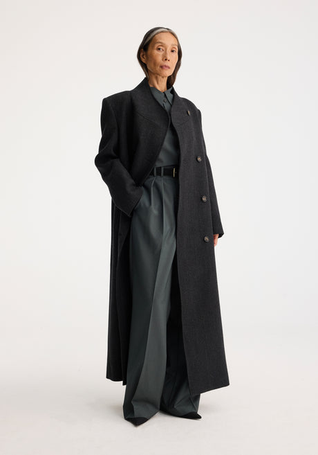 Folded collar double breasted coat | charcoal herringbone