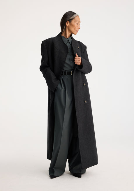 Folded collar double breasted coat | charcoal herringbone