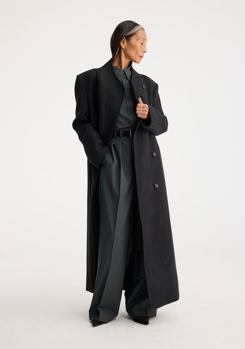 Folded collar double breasted coat | charcoal herringbone