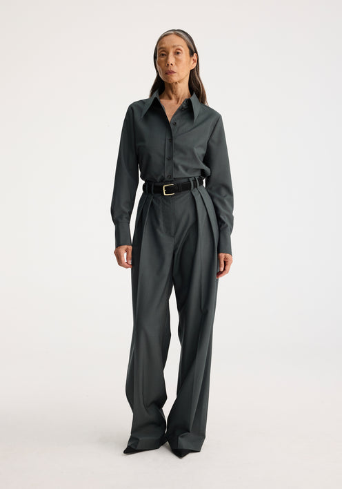 Wide leg double pleated trousers | bottle green