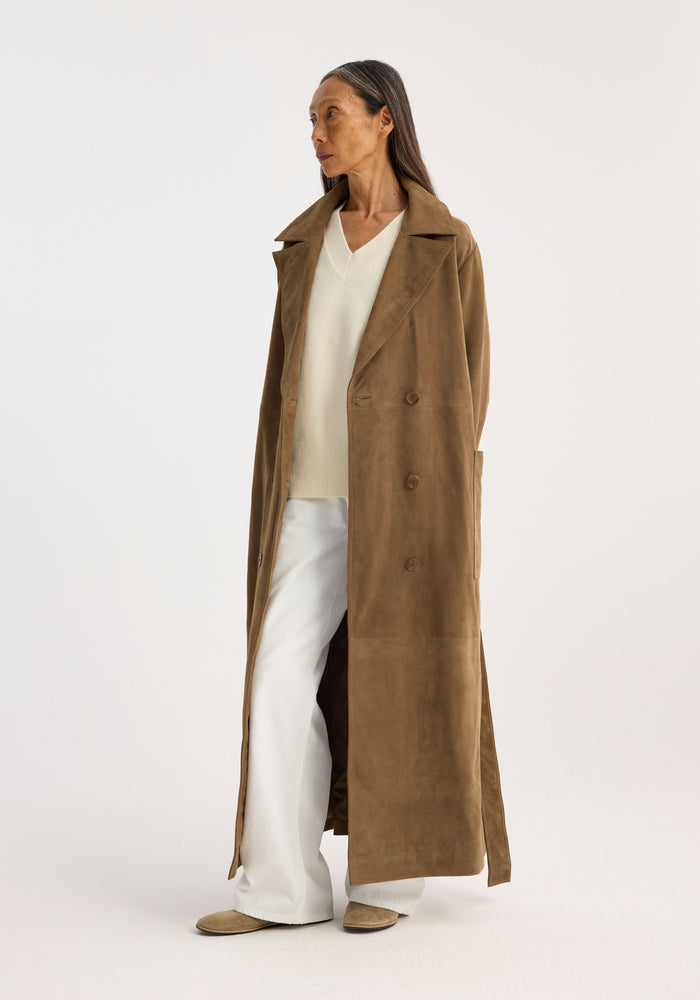 Suede belted wrap coat | light khaki