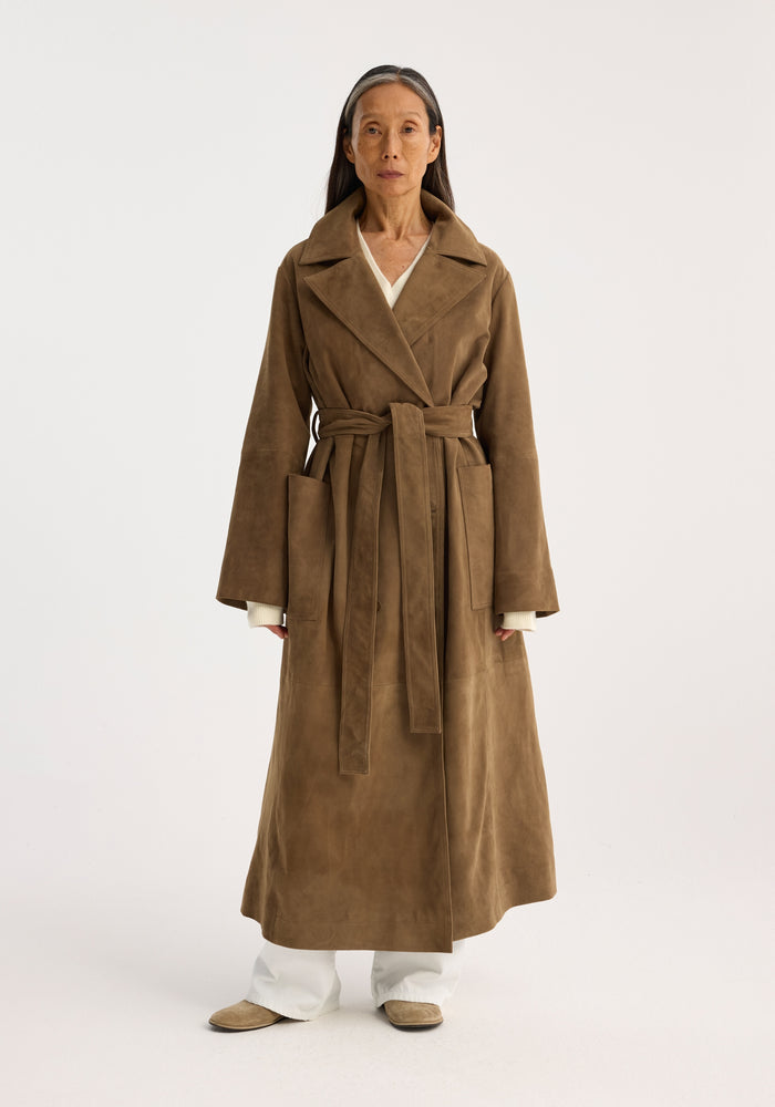 Suede belted wrap coat | light khaki