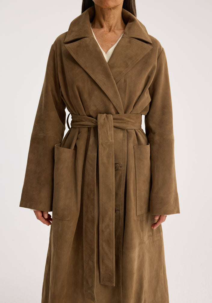 Suede belted wrap coat | light khaki