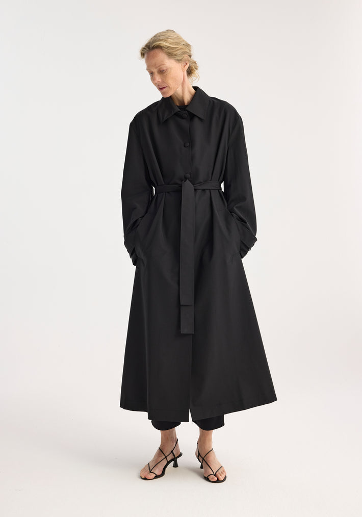 Wool-nylon belted wrap coat | black