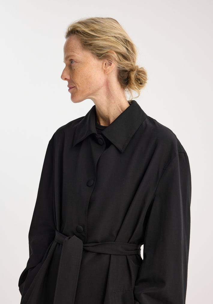 Wool-nylon belted wrap coat | black