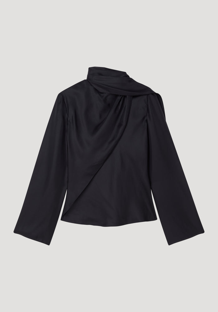 Long sleeve silk foulard top | black