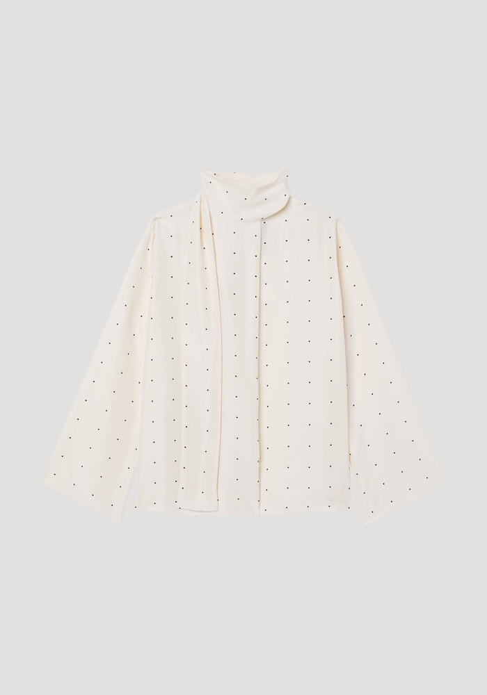 Dotted silk top with sash | cream / black dot