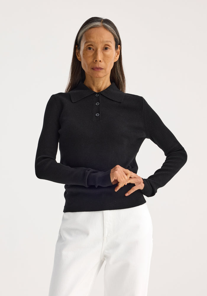 Rib knitted long sleeve polo | black