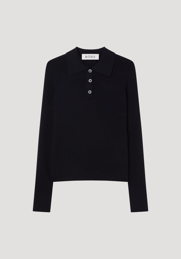 Rib knitted polo | black with a fitted silhouette, long sleeves, classic pointed collar, and three-button placket, made from a tencel-cotton blend.