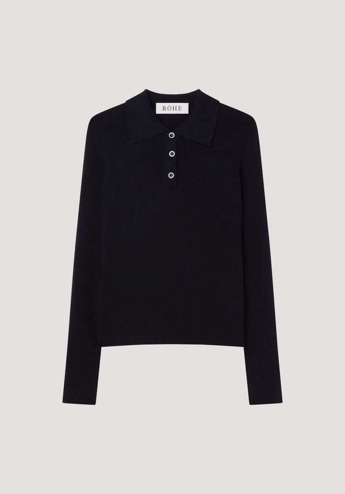 Rib knitted long sleeve polo | black