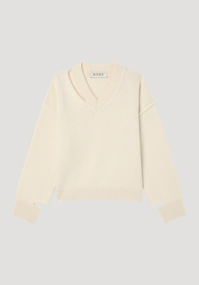 Deconstructed cashmere knitted V-neck | off white