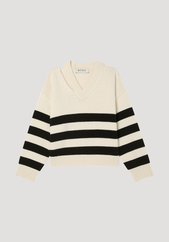 Deconstructed cashmere knitted breton V-neck | Off white / black wide stripe