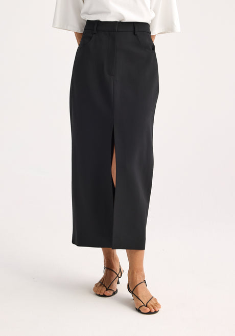 Long skirt with denim details | black