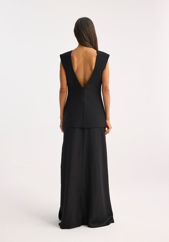 Open back dress with integrated silk skirt | black