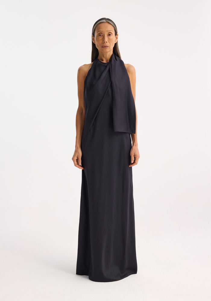 Silk foulard halter dress | navy