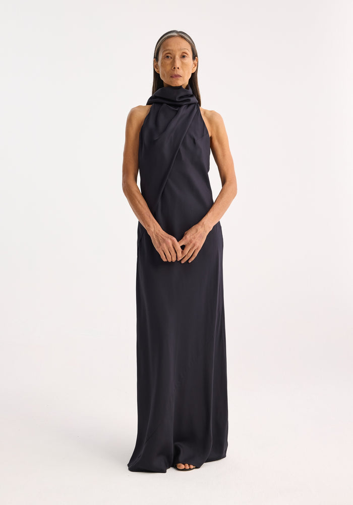 Silk foulard halter dress | navy