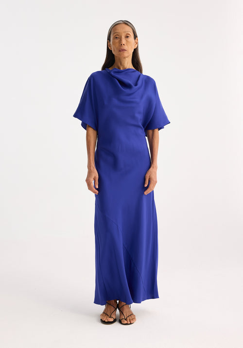 Fluid draped silk dress | electric blue