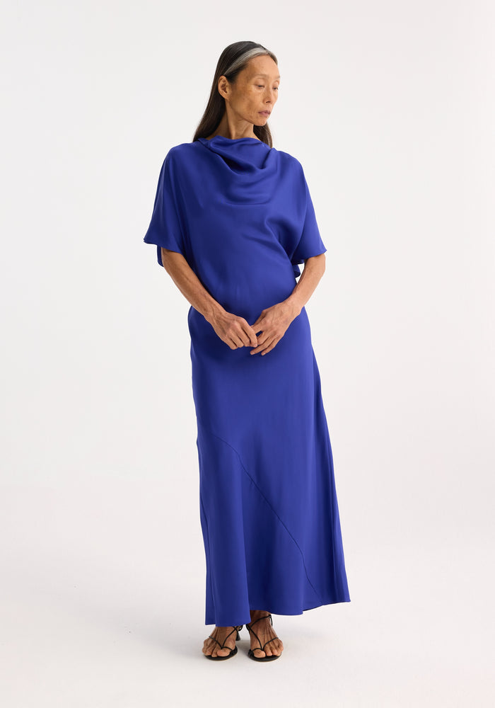 Fluid draped silk dress | electric blue