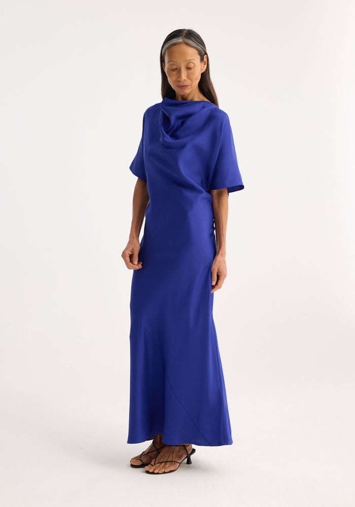 Fluid draped silk dress | electric blue