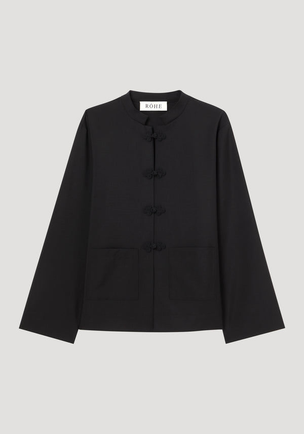 Mandarin jacket | black: Black, long-sleeve jacket with a mandarin collar, pankou closure, and patch pockets, crafted from a virgin wool and mohair blend.