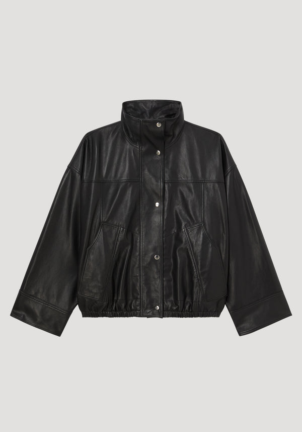 Reinvented leather jacket | black features a boxy, cropped bomber style with a stand collar, snap-button closure, and dropped shoulders, crafted from 100% leather for a luxurious touch.