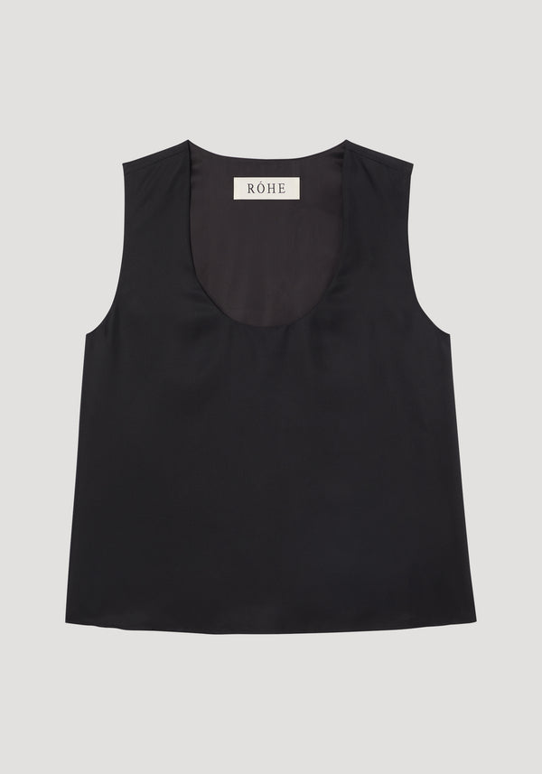 Scoop-neck silk top by RÓHE, black sleeveless tank style with a wide scoop neckline, loose fit, crafted from 100% pure silk for minimalist layering.
