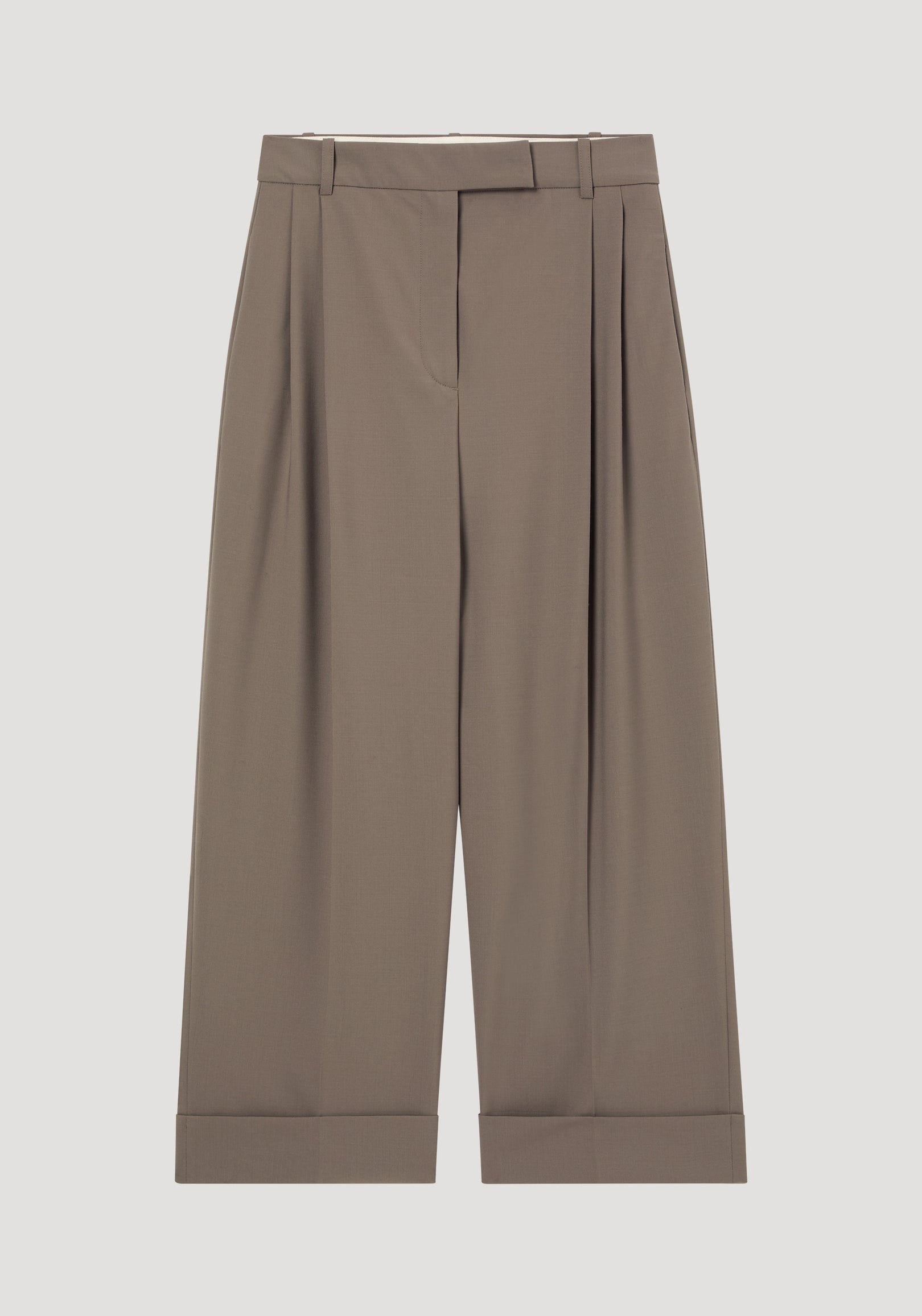 High-waist turn-up trousers | taupe in a relaxed fit with a pleated front, belt loops, and wide legs featuring a cuffed hem for a modern, tailored look.