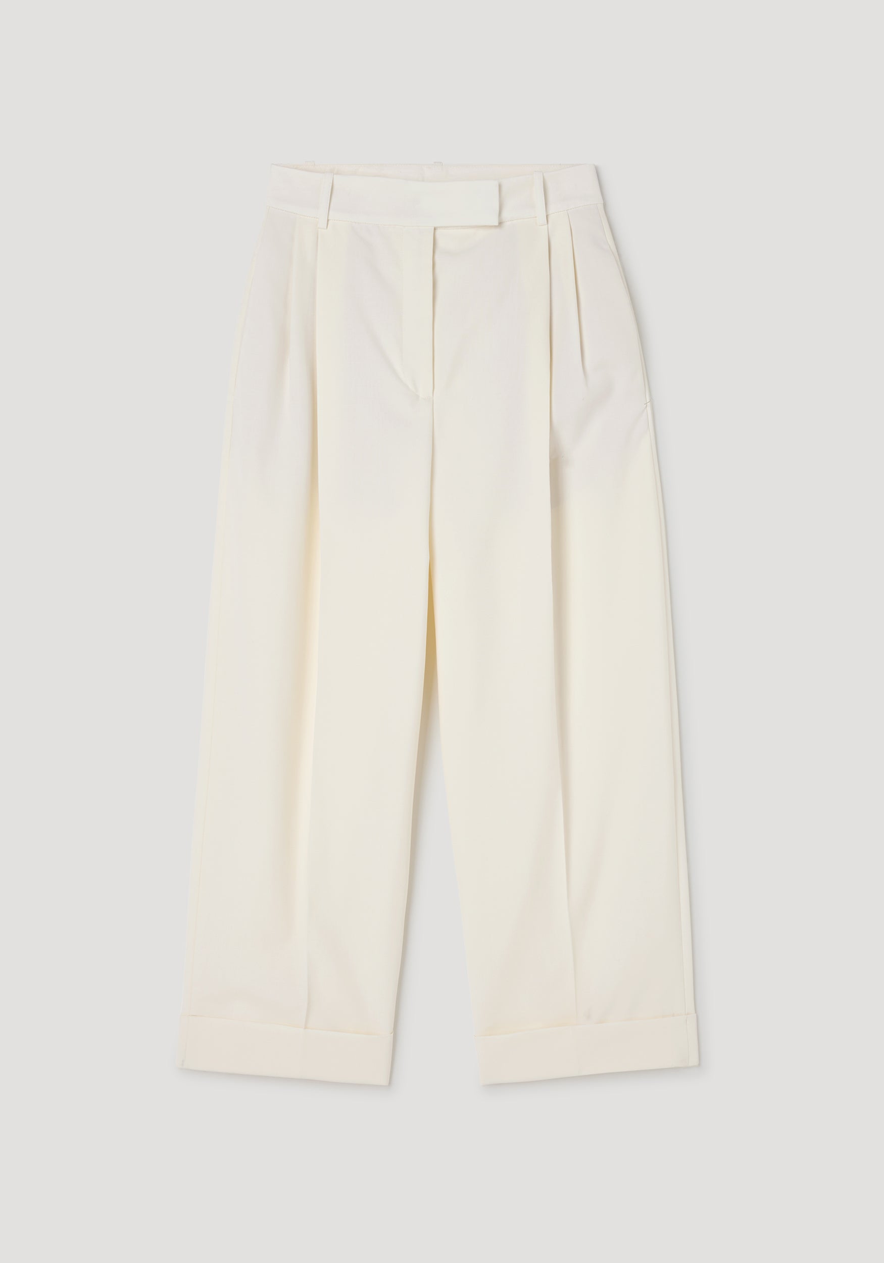 High-waist turn up trousers | off white laid flat, featuring a pleated front, wide legs, belt loops, and a cuffed hem for a classic tailored look.