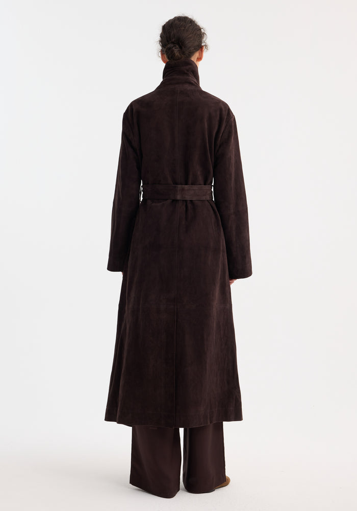 Suede belted wrap coat | dark chocolate