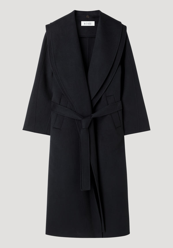 Signature double-faced scarf coat with belt in black, featuring a shawl collar, calf-length silhouette, welt pockets, and a wrap belt closure, crafted from 100% wool.
