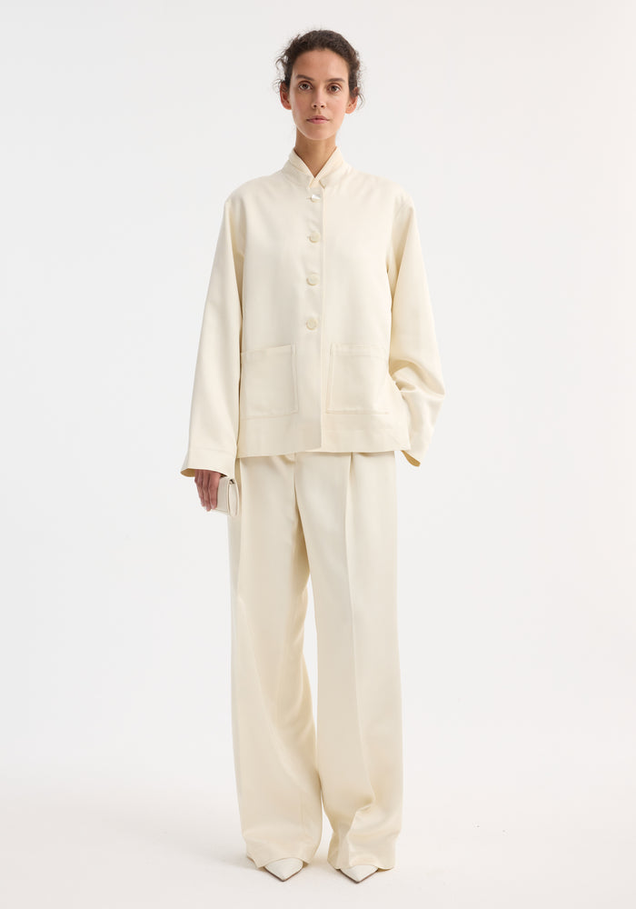 Mandarin pearl button satin jacket | cream