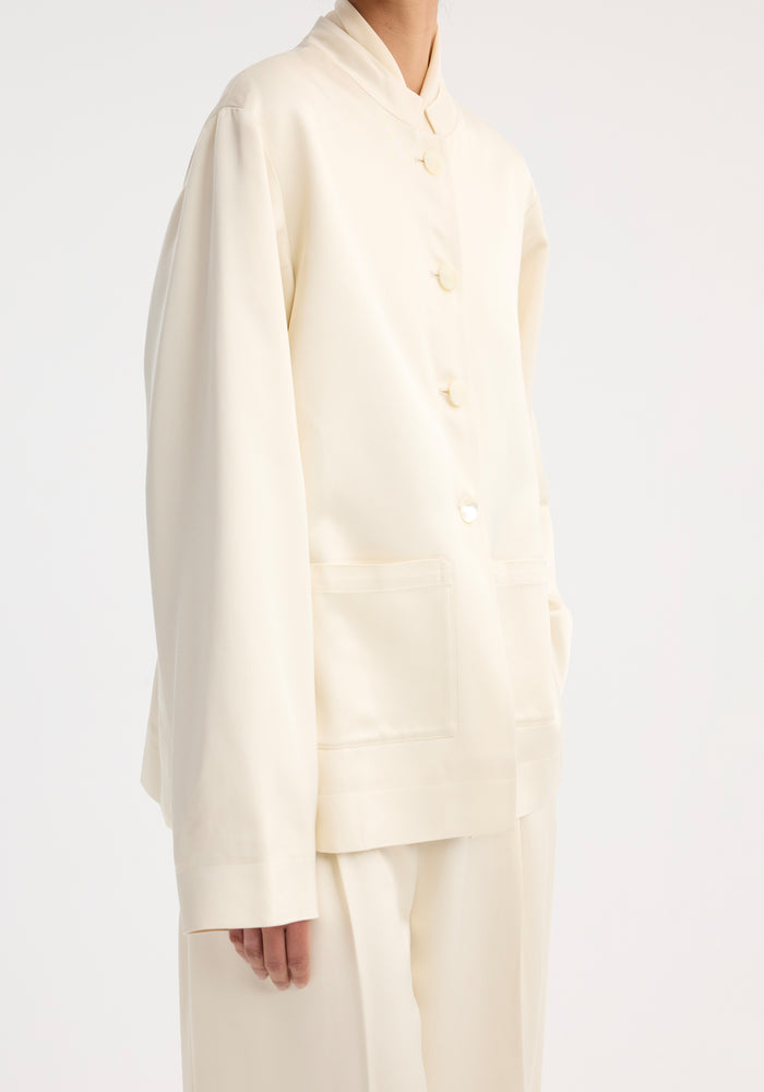 Mandarin pearl button satin jacket | cream